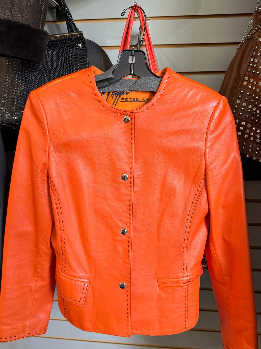Peter Nygard Bright Orange Leather Button-Front Jacket